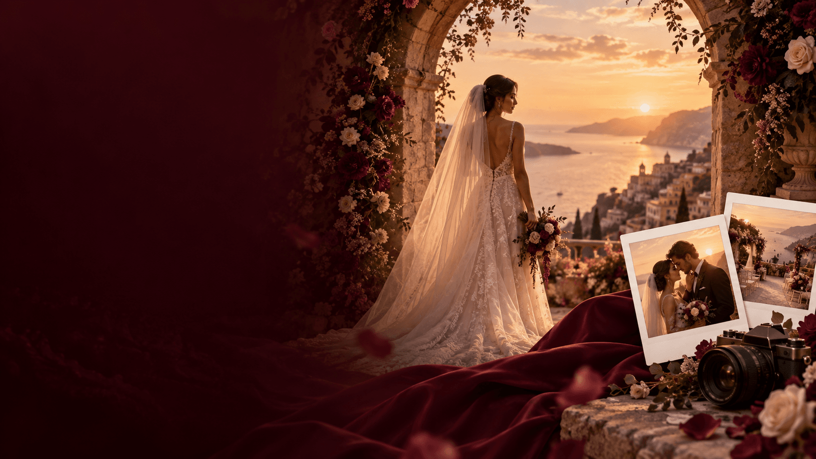 Bride under a floral stone arch at sunset with wedding photographs, a camera and burgundy silk.